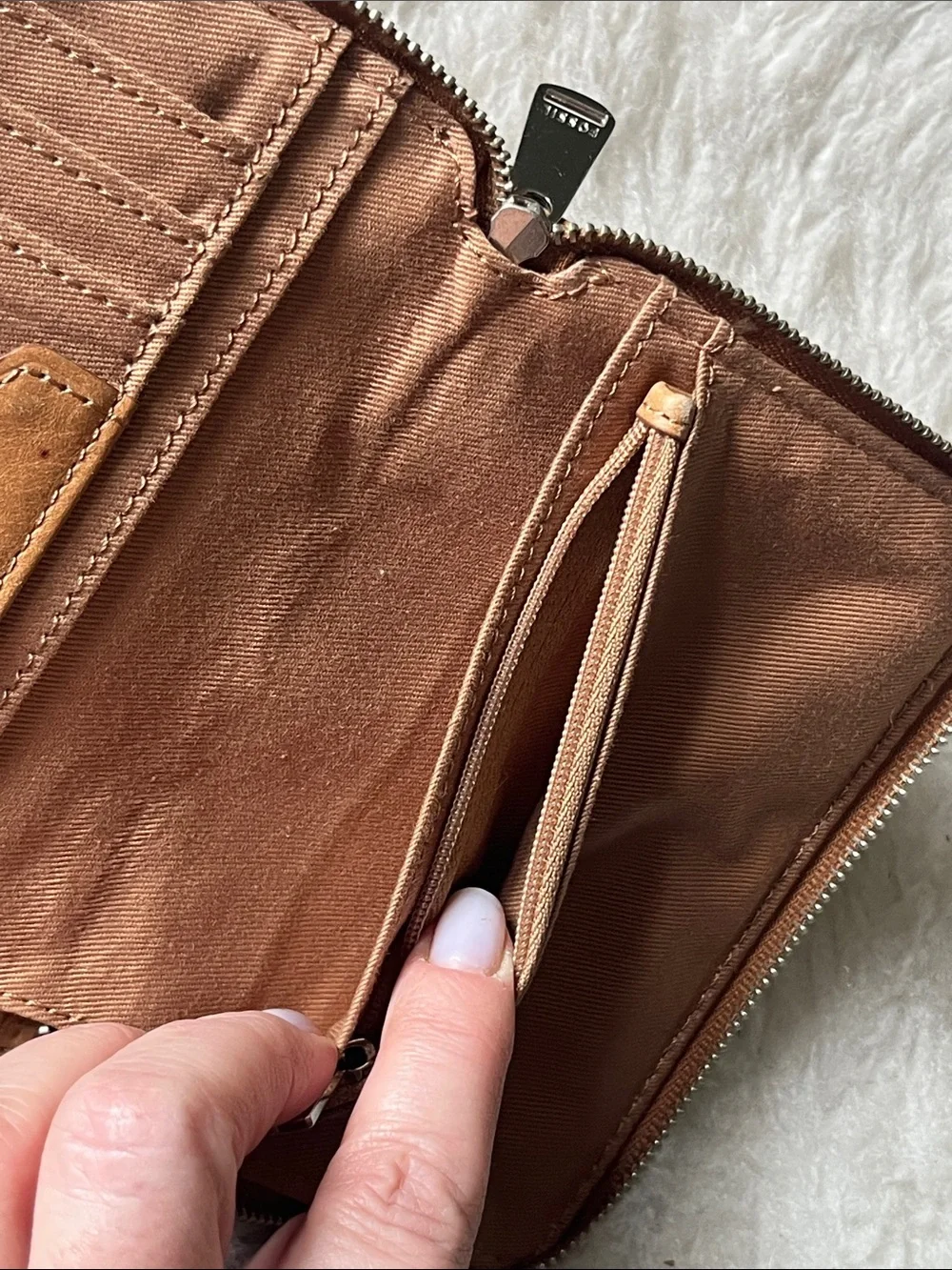 Fossil Tan leather zip around wallet wristlet with snap front compartment